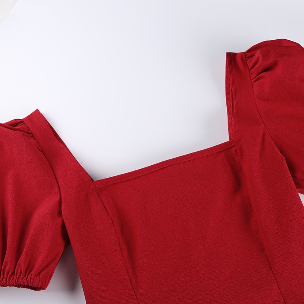 RED RUFFLE MINI PUFF SLEEVE DRESS - Picture 6 of 8